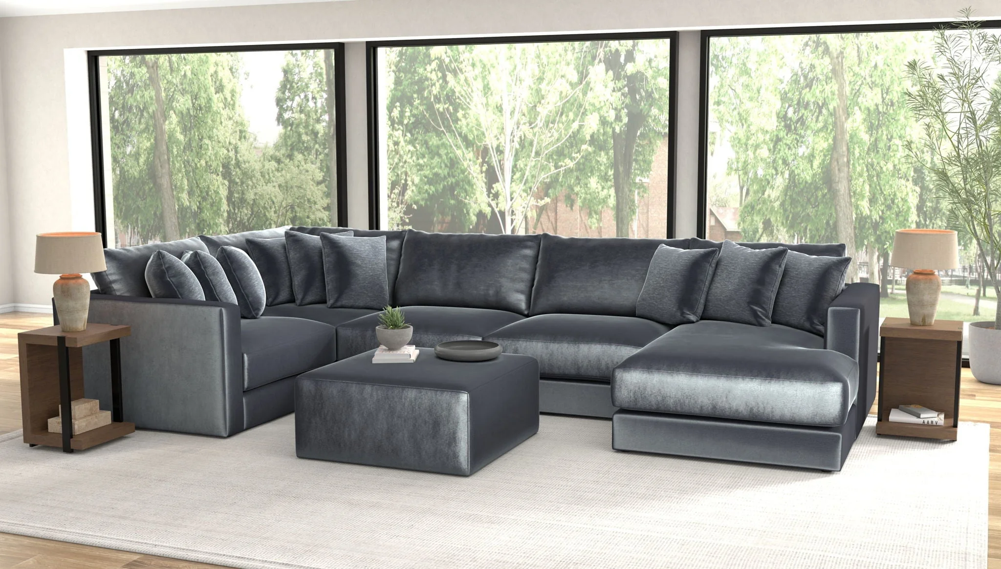 Remington Slate 5 Piece Right Side Facing Chaise Sectional + Ottoman
